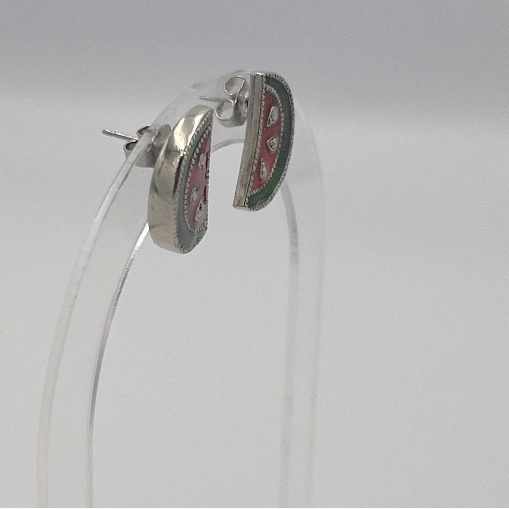 Avon Watermelon Slice Enamel Stud Earrings Silver Tone Vintage Summer Jewelry